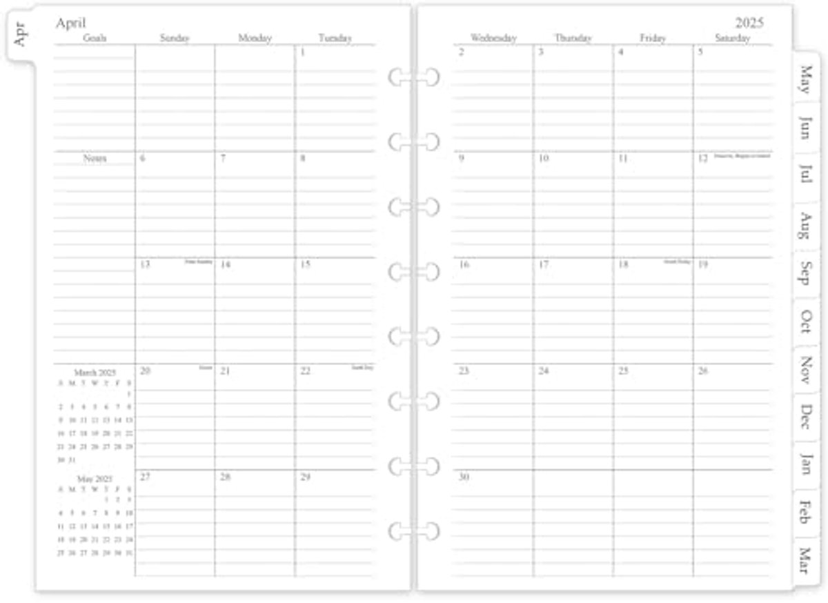 Maandelijkse Planner Navulling 2025-2026 voor 8-Disc Discbound - 15 Maandelijkse Kalenders met Tabs, 5.5"x8.5"