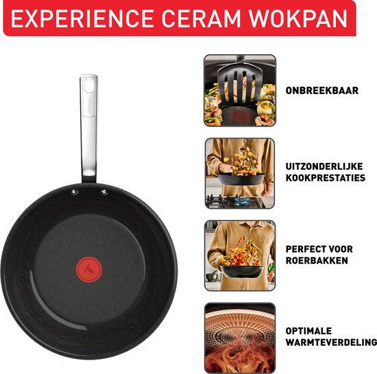 Set van vier Tefal Experience Ceram wokpannen. Met de nadruk op de kenmerken: ONBREEKBAAR, UITZONDERLIJKE KOOKPRESTATIES, PERFECT VOOR ROERBAKKEN, OPTIMALE WARMTEVERDELING.