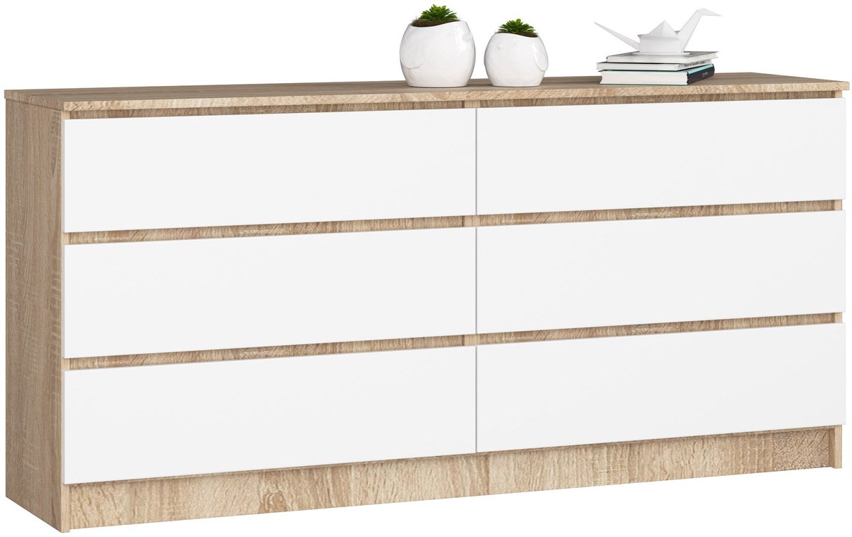 Ladekast K160 met 6 Lades / AKORD Furniture Factory / Sonoma Eik - Wit / 160 x 77 x 40 cm
