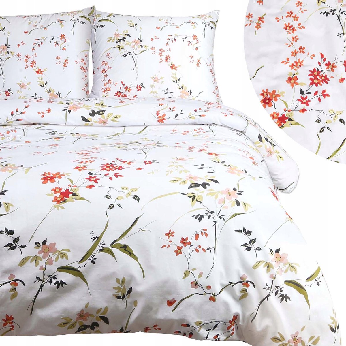 Cottonlove Katoenen Dekbedovertrek Set 180x200cm Bloemen Wit/Multicolor