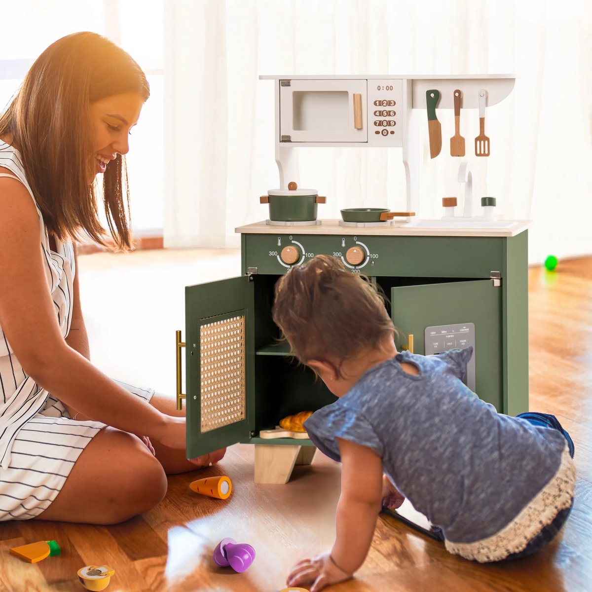 ROBOTIME-Wooden Kids Play Kitchen Set - Kids Kitchen Playset with Pretend Ice Cube Dispenser - WCF04 - Vintage Green - Wood — afbeelding 3