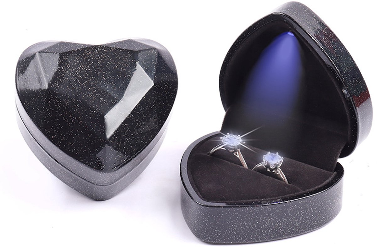 Ringdoosje Hartje met LED Licht – Midnight Sparkle – Voor Huwelijk, Verloving of Valentijnsdag