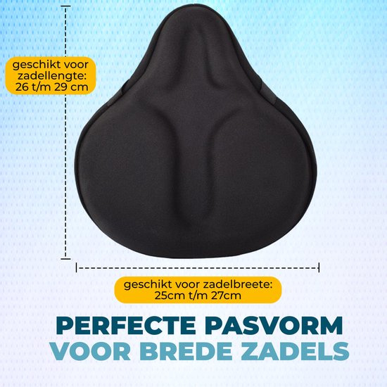 Gezichtsweergave van een zwarte, brede fietszadelhoes met markeringen voor de afmetingen: lengte 26-29 cm, breedte 25-27 cm.