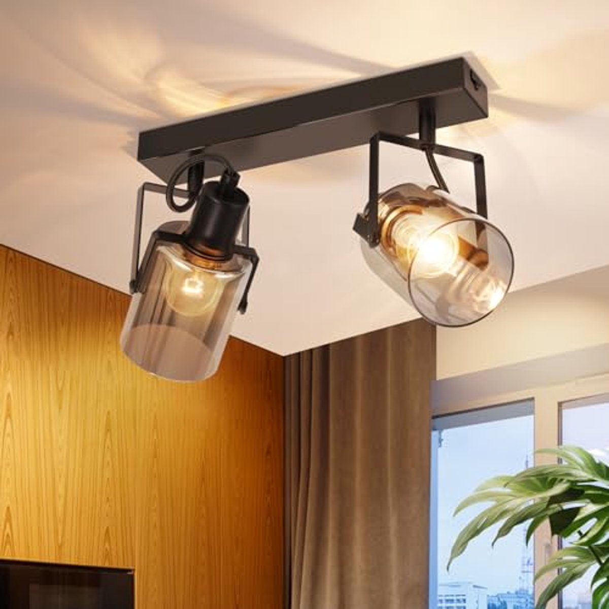 Vintage Zwarte Plafondlamp met 2 Vlammen - Zwenkbare Rookgrijze Glazen Wandlamp voor Slaapkamer, Keuken en Woonkamer