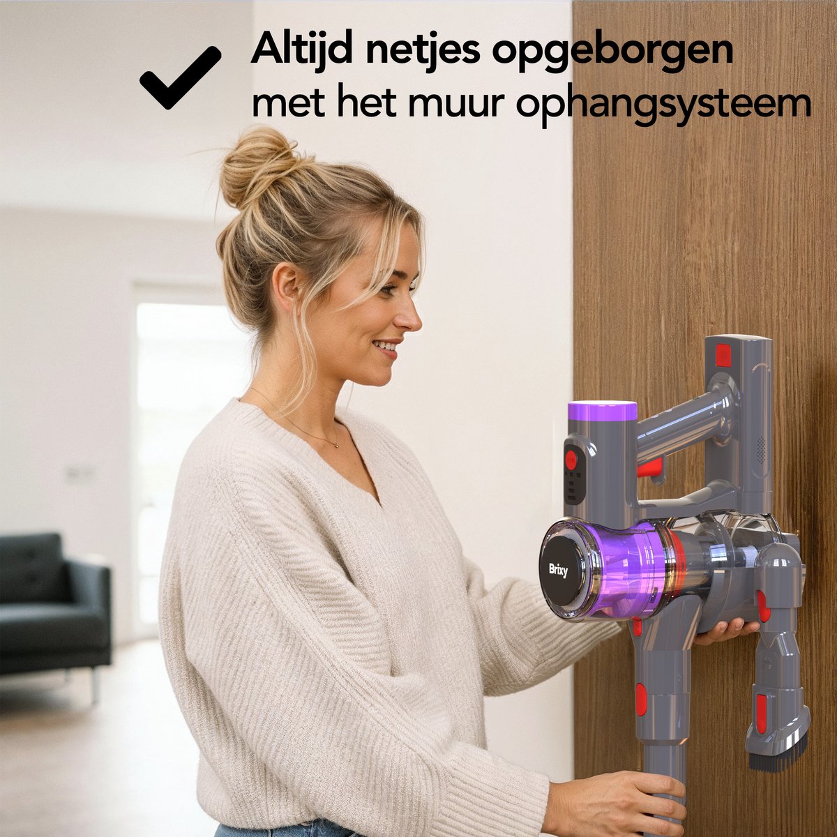 Brixy Steelstofzuiger Draadloos - 30 kPa Zuigkracht - 50 Min Gebruiktijd - Meerdere Filters - Kruimeldief - Draadloze Stofzuiger - Vacuum Cleaner - Grijs/Paars – foto 6