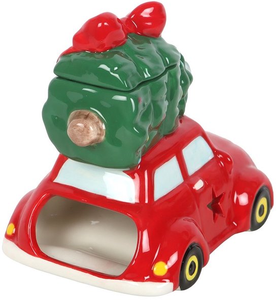 Rode auto met groene kerstboom en rode strik, achterkant open.