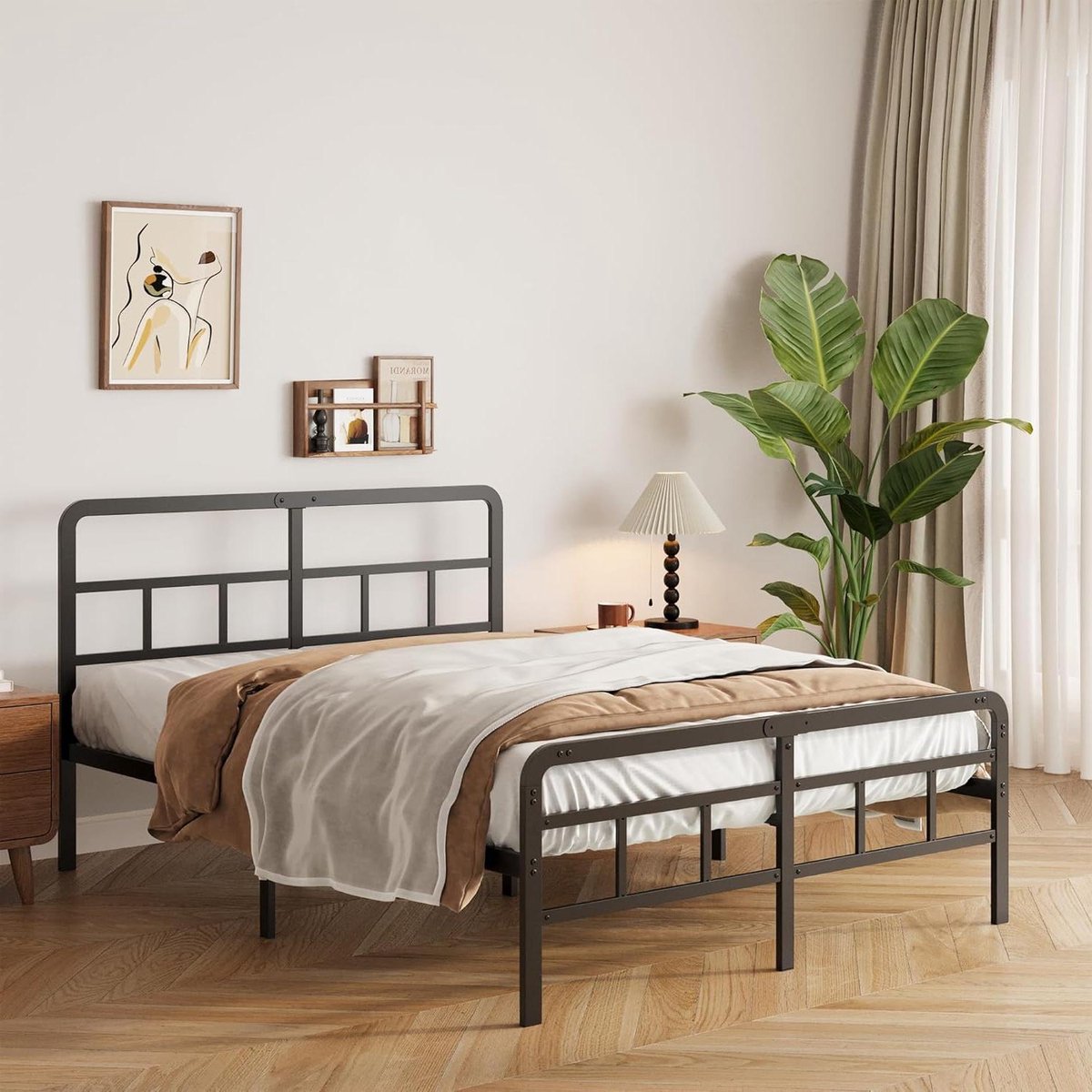 Provento Metalen tweepersoons bedframe 180x200 cm met gebogen hoofd- en voeteneinde, zware metalen latten, stabiele ondersteuning, geruisloos, eenvoudige montage, zwart. Any