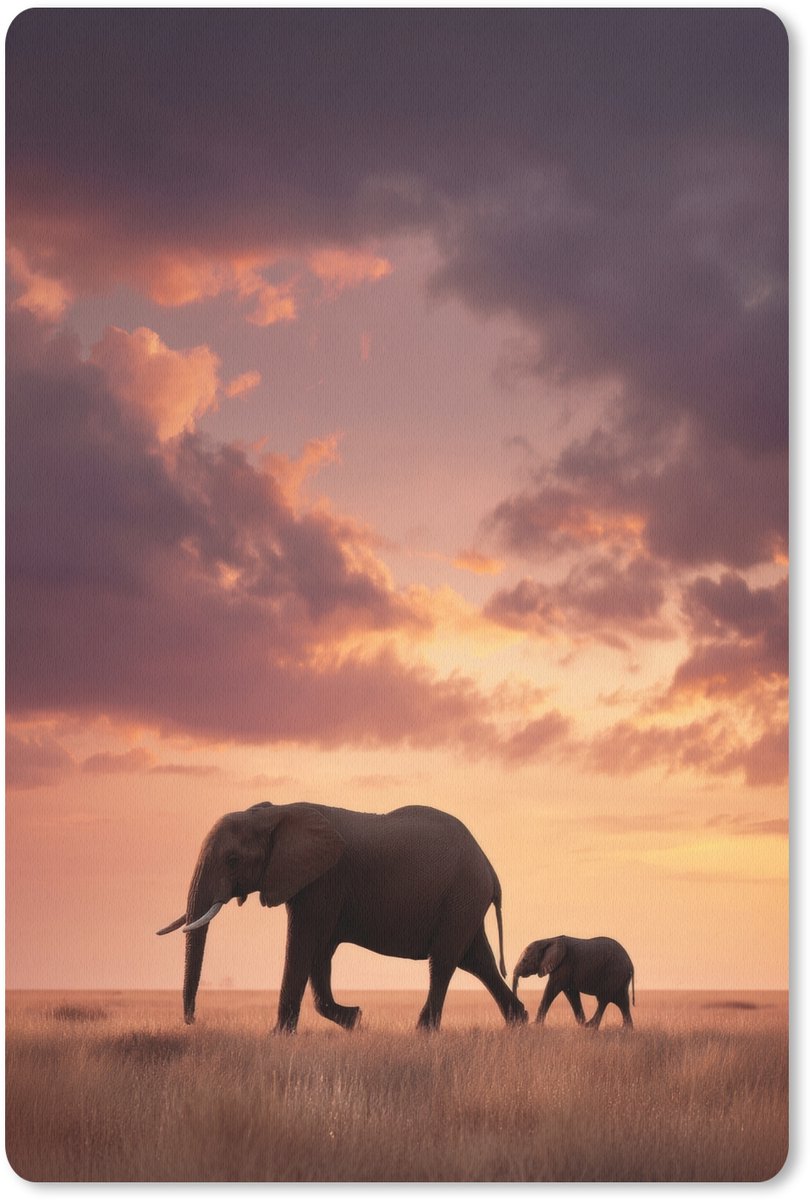 Muismat 18x27 cm - Mousepad Olifanten - Grasland - Zonsondergang - Muismatten