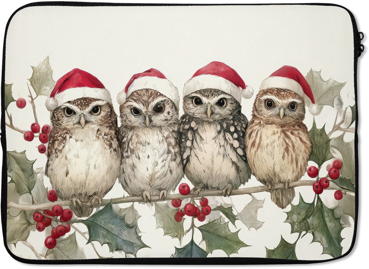 Laptophoes 14 inch - Uilen - Tak - Hulstblaadjes - Kerstmuts - Laptop sleeve - Binnenmaat 33x23 cm - Zwarte achterkant