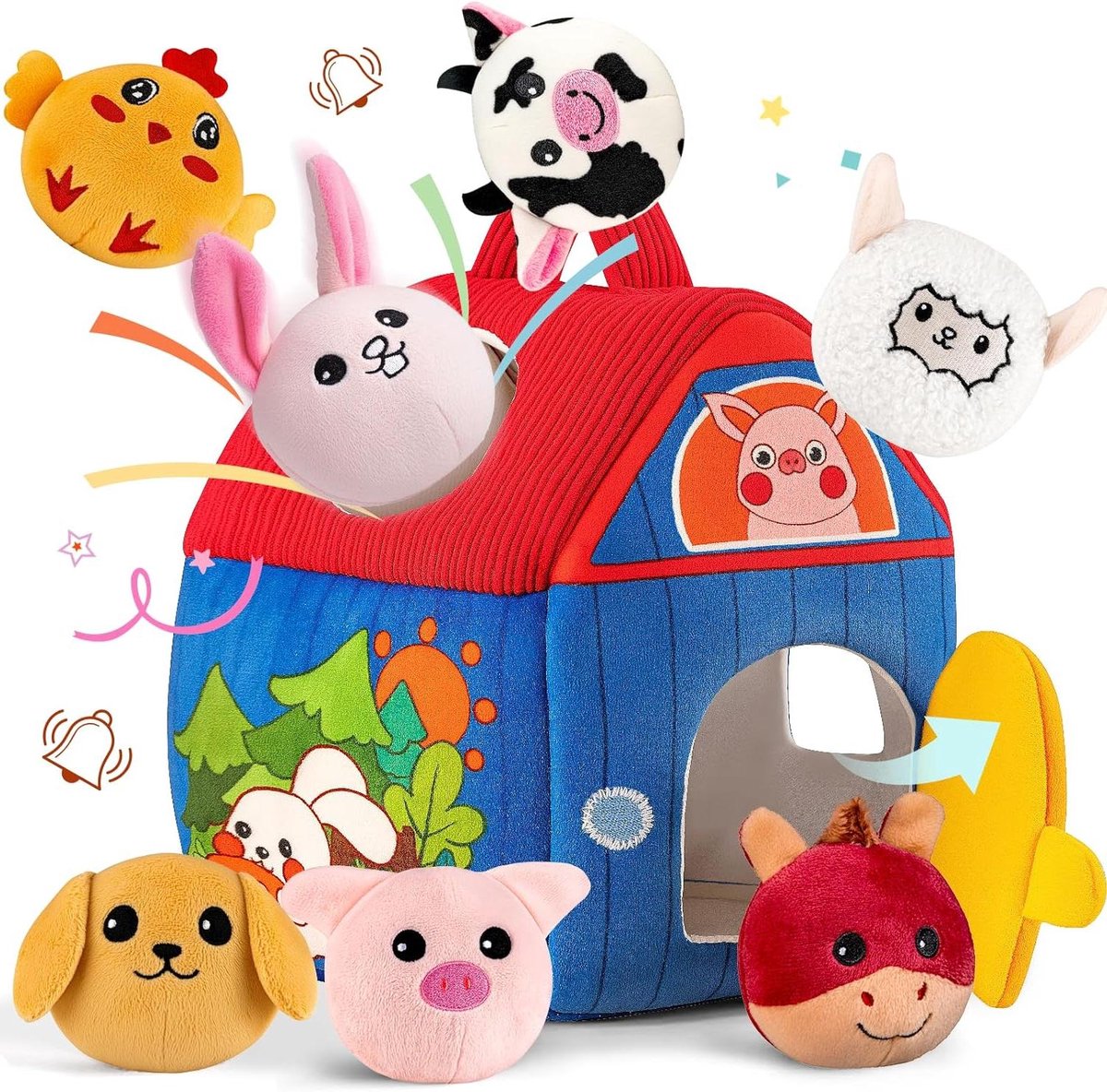 Provento - Babyspeelgoed 6-12 maanden met pluche boerderijdieren, rammelaar, knisperpapier en spiegel