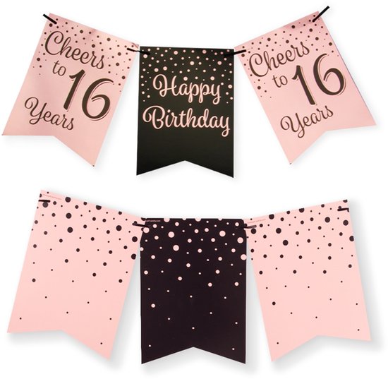Hangende slingers met 'Cheers to 16 Years' en 'Happy Birthday'. Roze en zwart met stippen.
