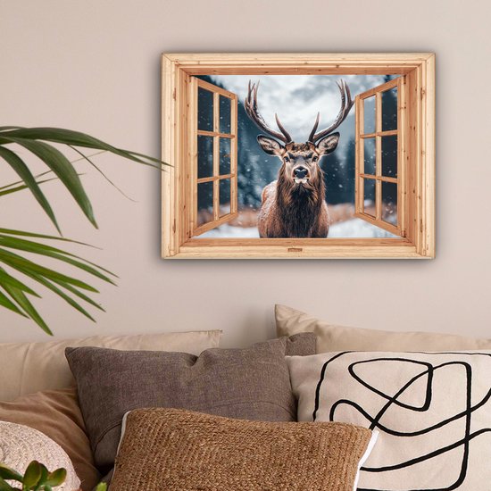 Canvas schilderij 40x30 cm - Wanddecoratie Doorkijk - Hert - Dieren - Winterlandschap - Sneeuw - Muurdecoratie woonkamer - Slaapkamer decoratie - Kamer accessoires - Schilderijen op canvas