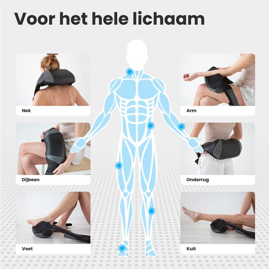 Illustratie van het menselijk lichaam met aangegeven massagegebieden: nek, arm, dijbeen, onderrug, voet, en kuit met het massagekussen.