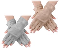 Vingerloze UV-beschermende handschoenen voor dames - 2 paar - antislip - voor auto rijden en outdoor zomeractiviteiten - Khaki/Grijs - ultieme bescherming tegen de zon