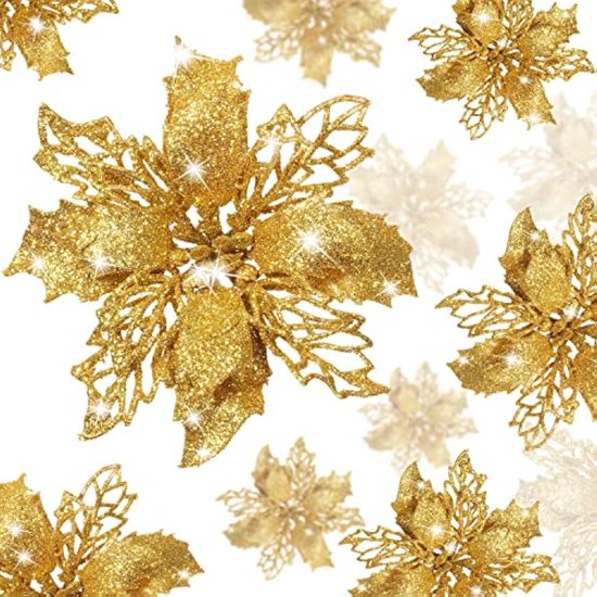 36 stuks kerst glitter kunstmatige kerstster bloemen kerst kerstster kunstmatige bruiloft bloemen decoraties kerstboom ornamenten met clips voor feestgunsten, 6 inch, 4 inch, 3 inch (goud