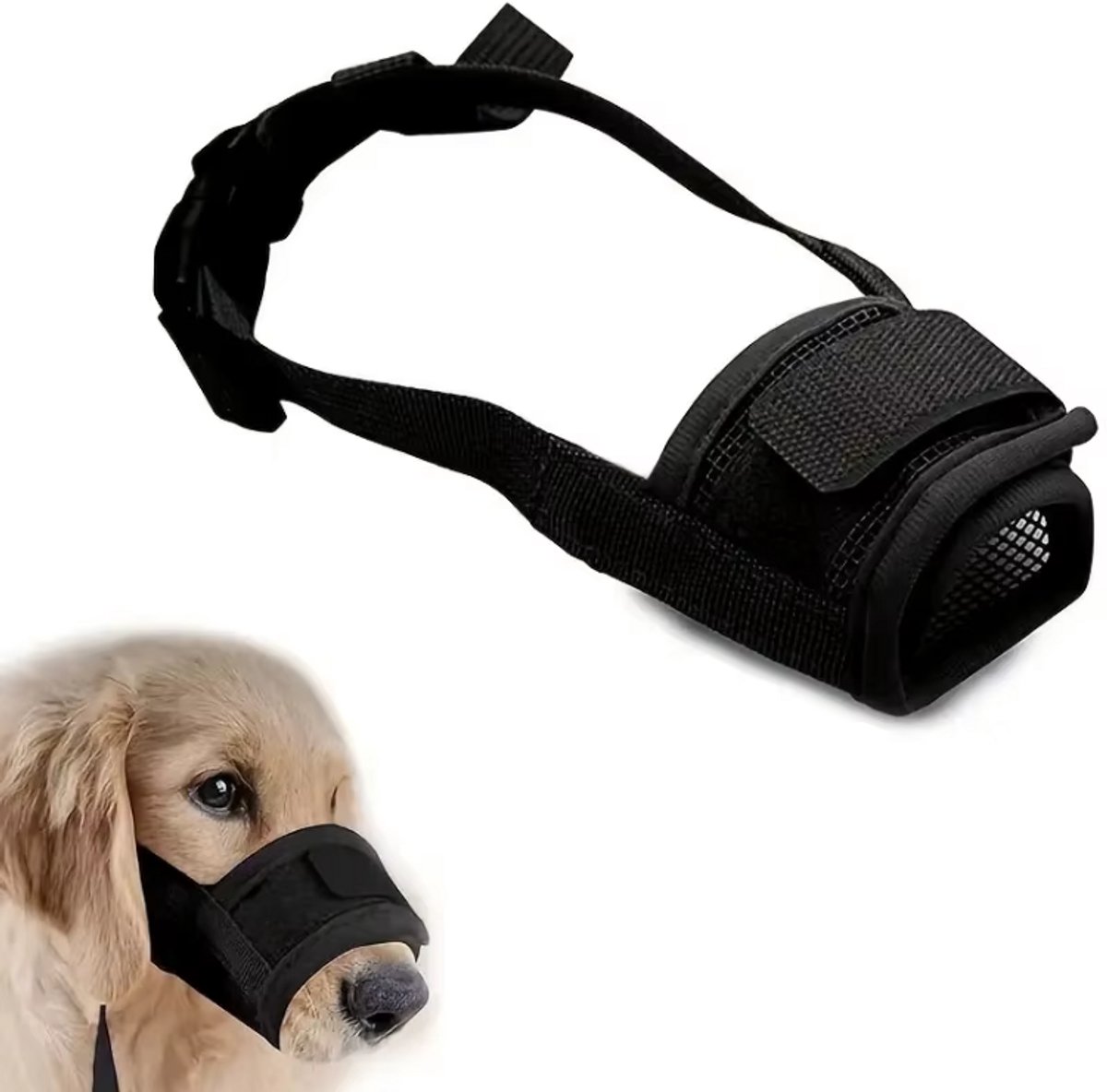 Rieba® Muilkorf Hond - Maat L - Omtrek Snuit 18-24 cm - Zacht Materiaal - Verstelbaar - Snelsluiting - Ademend - Honden Muilband - Nylon - Zwart