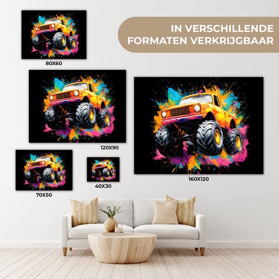 Canvas schilderij 80x60 cm - Wanddecoratie Graffiti - Auto - Monstertruck – Kleurrijk - Muurdecoratie woonkamer - Slaapkamer decoratie - Kamer accessoires - Schilderijen op canvas