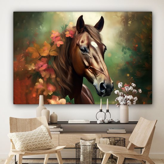 Canvas schilderij 180x120 cm - Wanddecoratie kinderkamer Paard - Bloemen - Natuur - Dieren - Bos - Oranje - Muurdecoratie babykamer - Kamer decoratie voor jongens en meisjes - Baby accessoires - Schilderijen