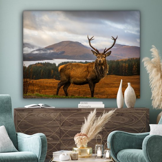 Tableau sur toile - Cerf avec paysage 160x120 - Accessoires de décoration de chambre nature - Peintures animaux de salon - Décoration murale chambre - Décoration murale cuisine - Tissu mural intérieur - Décoration maison - Accessoires de maison