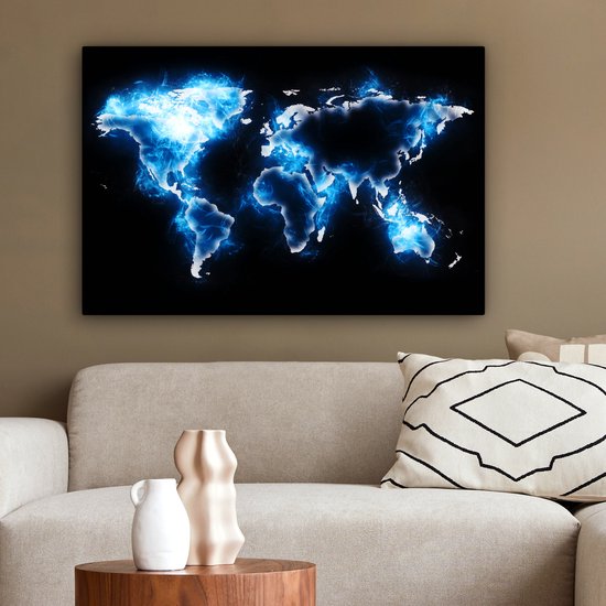 Wereldkaart en bleu électrique sur fond noir 60x40 cm