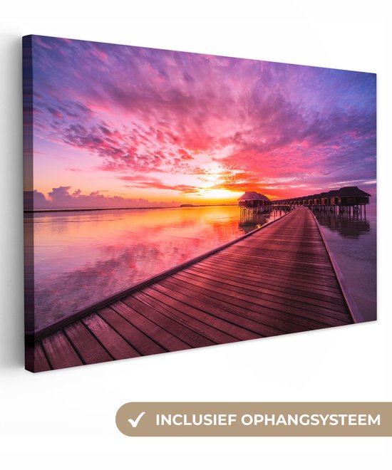 OneMillionCanvasses - Peinture sur toile - Jetée - Horizon - Rose - Soleil - Mer - Peintures sur toile - Toile - 60x40 cm - Décoration murale