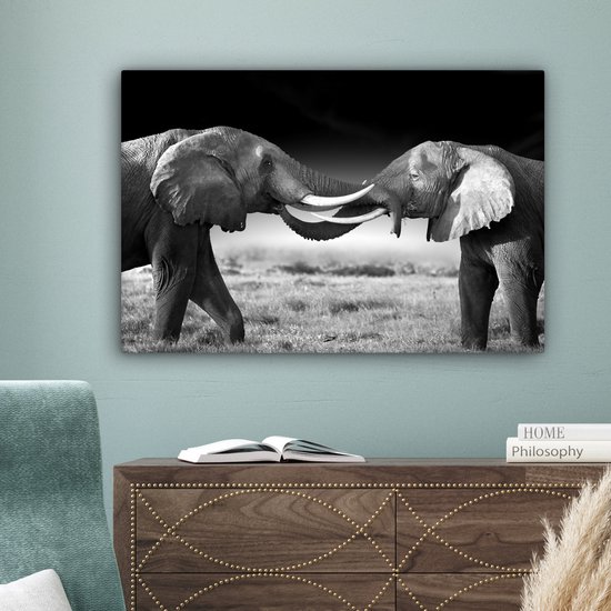 Tableau sur toile - Animaux sauvages - Éléphants - Zwart - Wit - Salon - 90x60 cm - Décoration murale - Décoration de la maison