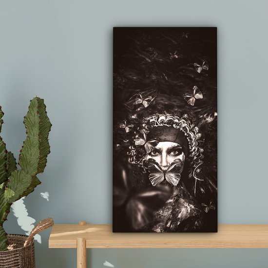 Toile Peinture Femme - Papillon - Zwart - Wit - 20x40 cm - Décoration murale