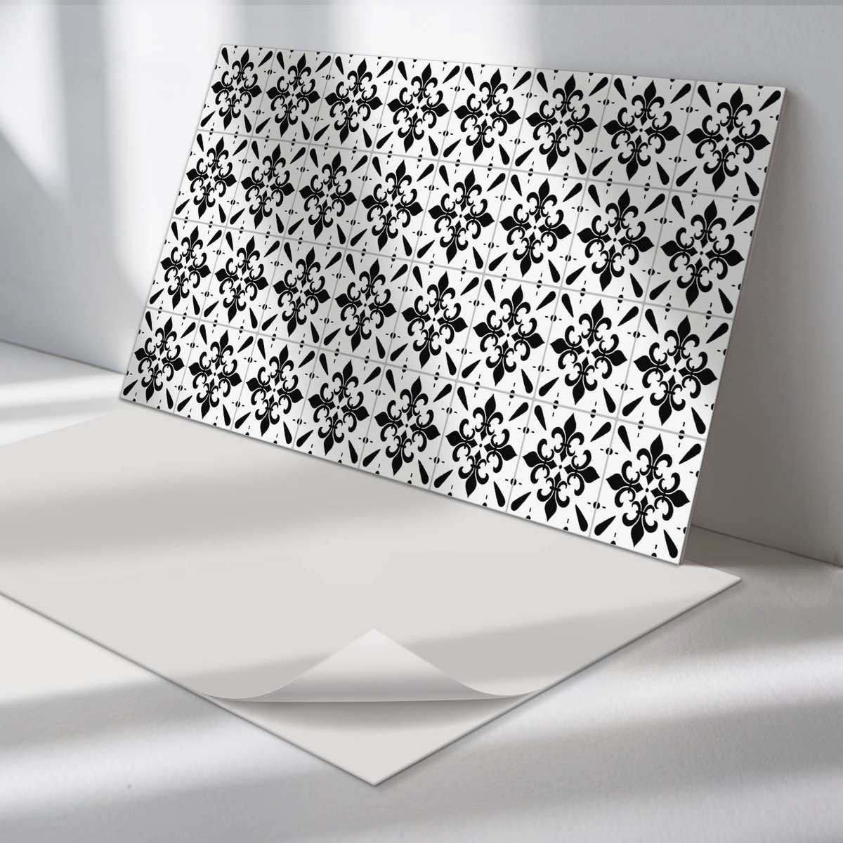 Wallfluent Vinyl Tegels - Patroon met Bloemmotieven Vinyl Tegels Zelfklevend - 40 cm x 20 cm - Zwart PVC Tegels - Verpakking van 10 stuks - Rechthoek PVC Tegels - Texturen Plaktegels - Zelfklevende Vinyltegels - Plaktegels Keuken en Badkamer
