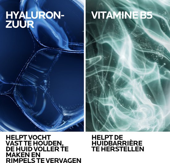 Collage met aan de linkerkant 'Hyaluronzuur' en rechts 'Vitamine B5'. Beide met teksten over huidherstel en hydratatie.