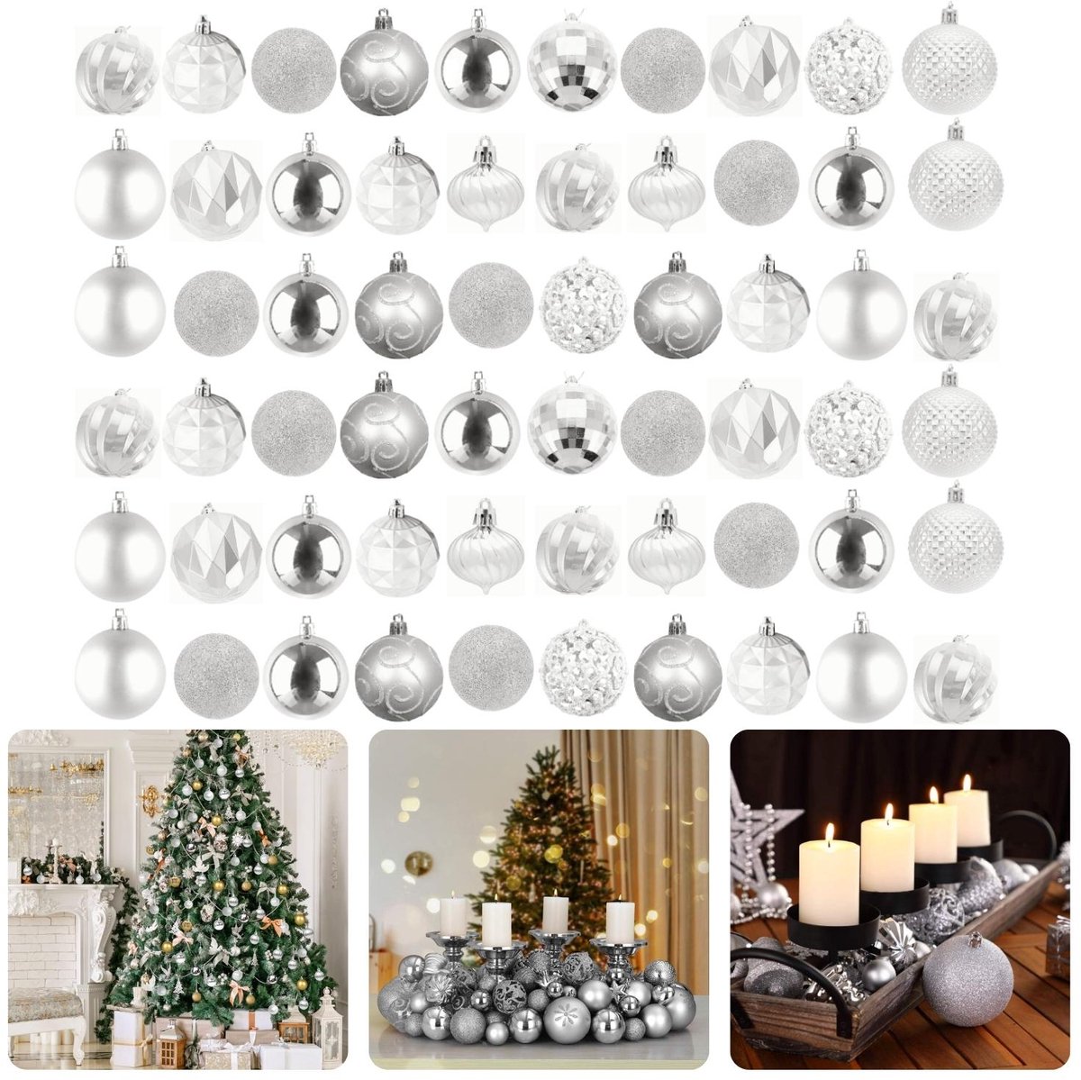 Cheqo® Kerstballen Set - Kerstballenset - Kerstdecoratie - Kerstboom Versieren - Kerstversiering - Onbreekbaar - Met Ophangoogje - Kerstversiering Kerstboom - Mat - Glans - Glitter - 60 Stuks - Zilver