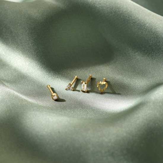 Lev Bijoux - Piercing de nez en or jaune 14 carats - Boucle d'oreille à tige avec 3 boules en zircone