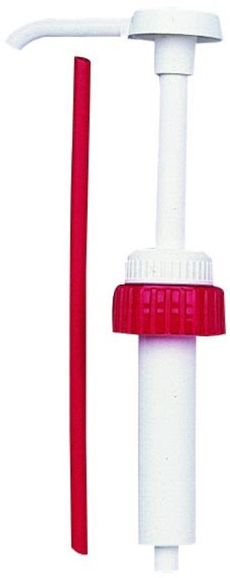 Witte doseerpomp met rode dop en rode slang.