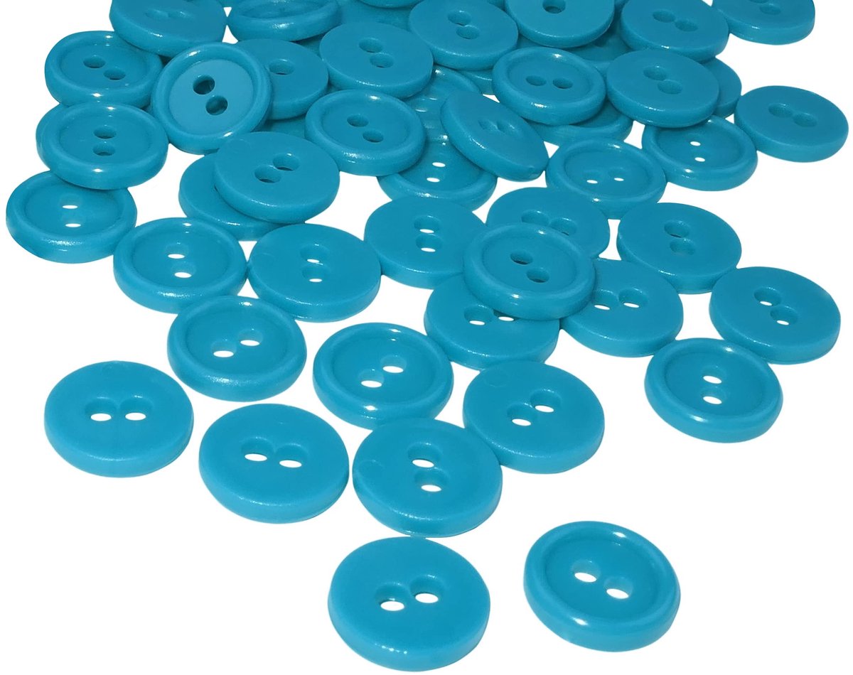 Set van 100 turquoise plastic ronde knopen van 11,5 mm diameter en 2,2 mm dikte met 2 gaten en een opening van 2 mm voor eenvoudig naaien