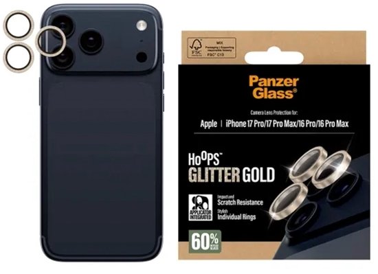 Zwarte iPhone met gouden glitter camera lens beschermers, los en op verpakking.