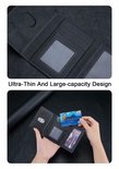 Open zwarte portemonnee met creditcard en foto's, tekst 'Ultra-Thin And Large-capacity Design'.