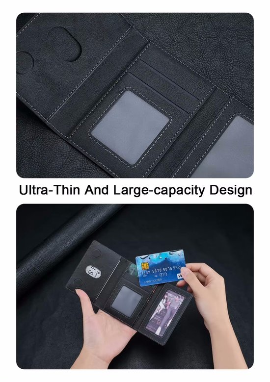 Open zwarte portemonnee met creditcard en foto's, tekst 'Ultra-Thin And Large-capacity Design'.