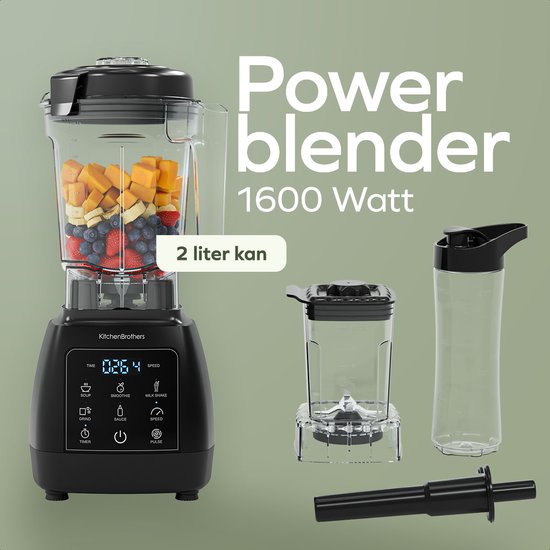 KitchenBrothers Power Blender Set - 1600W - 2L - Complete Set - To-go Beker - Smoothie Maker - Zwart van KitchenBrothers — afbeelding 2