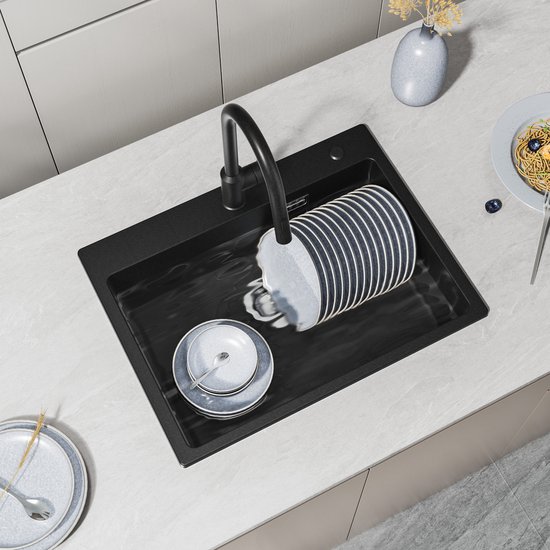 Évier de cuisine en granit CECIPA max 60 x 45 cm Anthracite - Éviers avec robinet - Acier inoxydable - Évier avec système d'évacuation d'eau - Évier en granit avec égouttoir