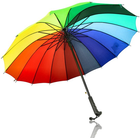 Grote regenboogparaplu met 16 gekleurde vlakken in rood, oranje, geel, groen, blauw en grijs. Zwarte steel met gebogen handvat.