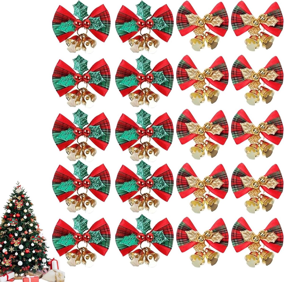 Allecto Plus - Kerstdecoratie strikken met belletjes, 20 stuks, decoratieve kerstboomversiering, voor verjaardag, bruiloft, feest