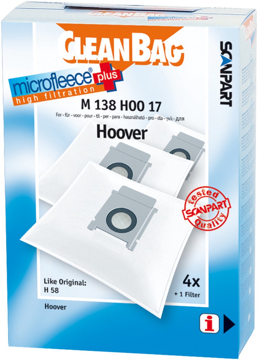 CleanBag stofzuigerzakken 4 stuks - Geschikt voor Hoover Capture Flash Freespace Sprint - H58 H63 H64 - Inclusief 1 filter - Alternatief