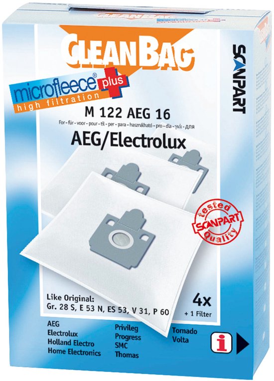 CleanBag stofzuigerzakken 4 stuks - Geschikt voor AEG Aventure, Ergo Essence, Salomon, T2, Vampyr 5000 - Electrolux Bolero Filio Power Plus Powermax Samba Tango - Gr 28S E53N ES53 - Inclusief 1 filter - Alternatief