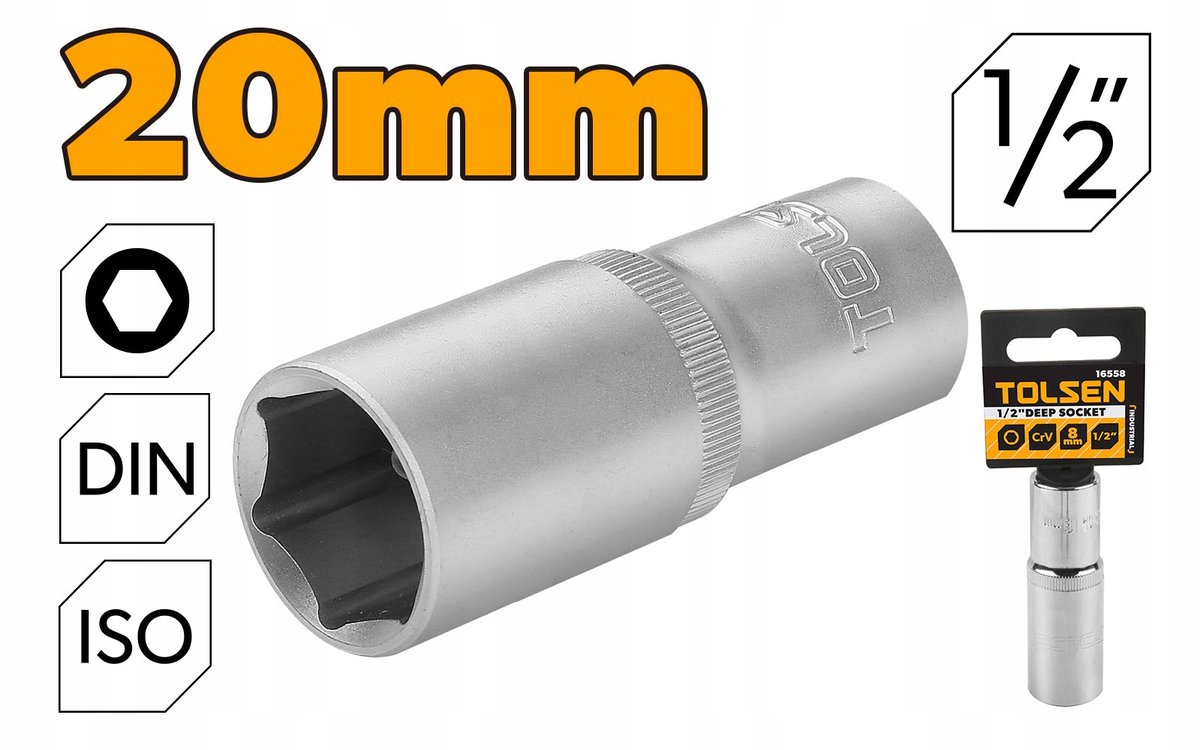 Lange 20mm 6-kant Dop 1/2" Cr-V Staal