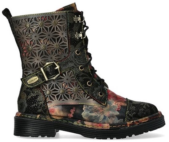 Laura Vita halfhoge veterboots gebloemd zwart leer