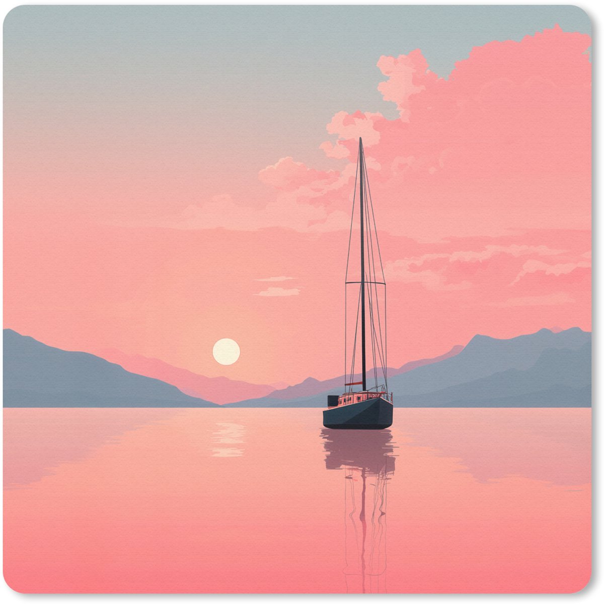 Muismat 30x30 cm - Mousepad Zeilboot - Roze zee - Zonsondergang - Bergen - Muismatten
