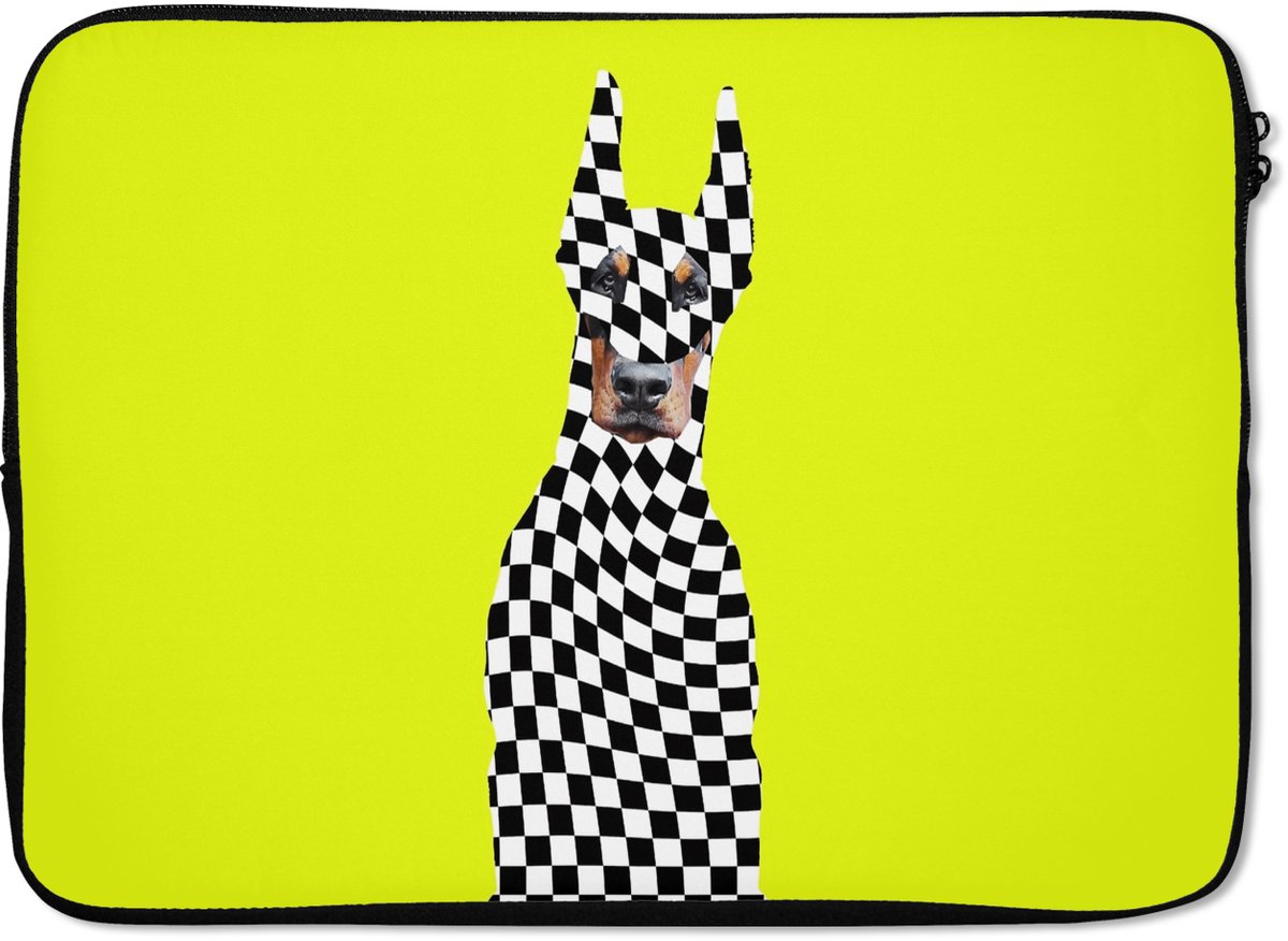 Laptophoes 14 inch - Dobermann - Geblokt - Geel - Laptop sleeve - Binnenmaat 33x23 cm - Zwarte achterkant