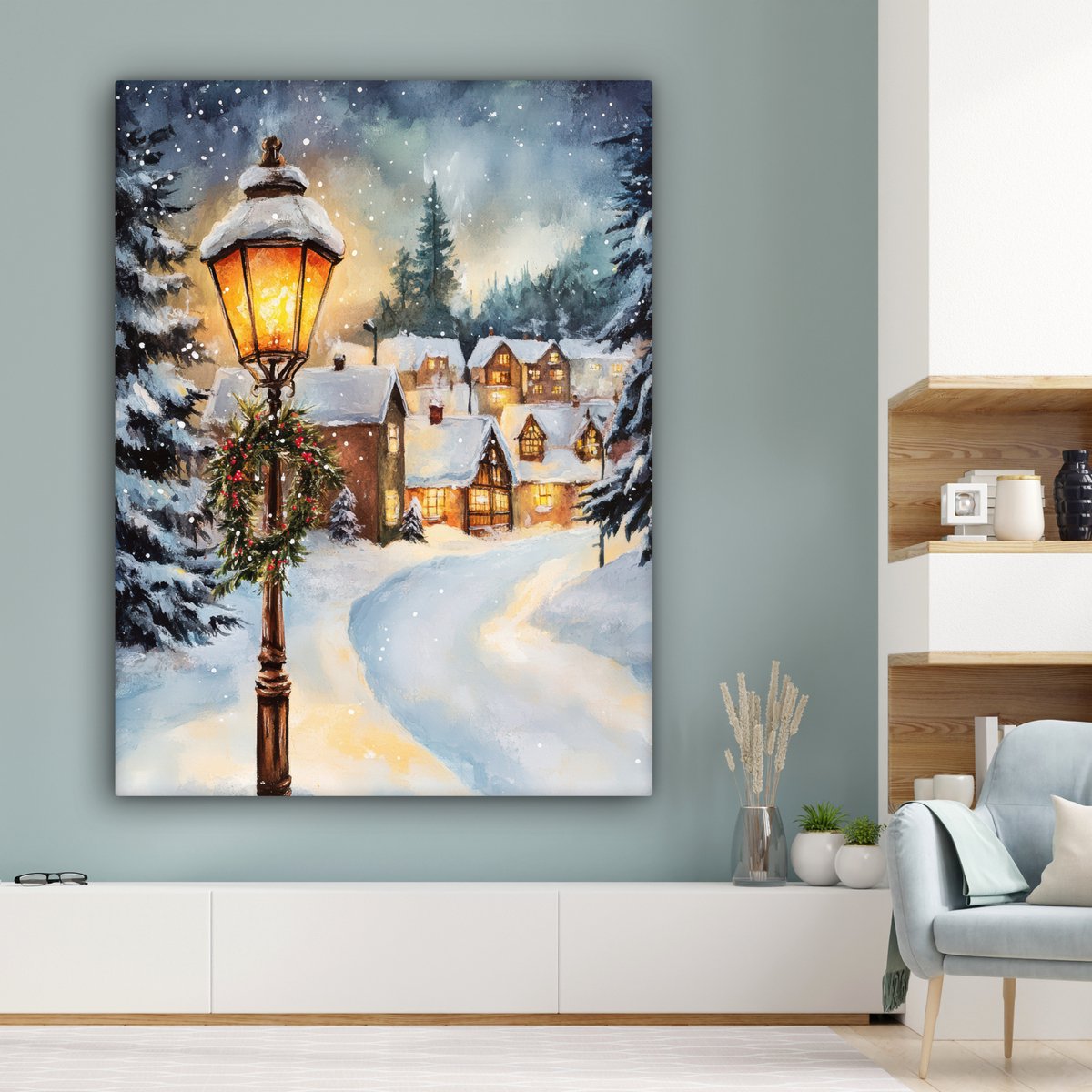Canvas schilderij 120x160 cm - Wanddecoratie Kerstdorp - Huizen - Sneeuw - Kerst - Muurdecoratie woonkamer - Slaapkamer decoratie - Kamer accessoires - Schilderijen op canvas - Kerstdecoratie voor binnen - Kerstversiering - Kerstmis versiering – foto 3