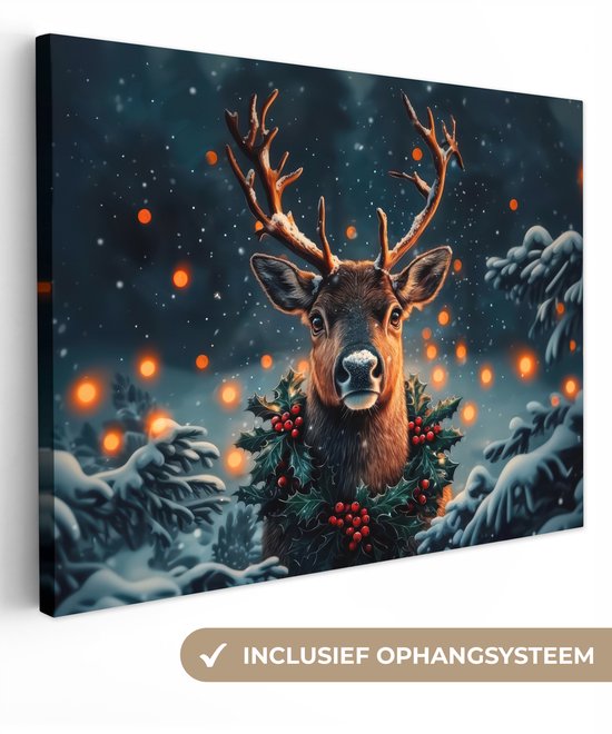 Canvas schilderij 80x60 cm - Wanddecoratie Hert - Kerst - Winter - Sneeuw - Kerstkrans - Muurdecoratie woonkamer - Slaapkamer decoratie - Kamer accessoires - Schilderijen op canvas - Kerstdecoratie voor binnen - Kerstversiering - Kerstmis versiering