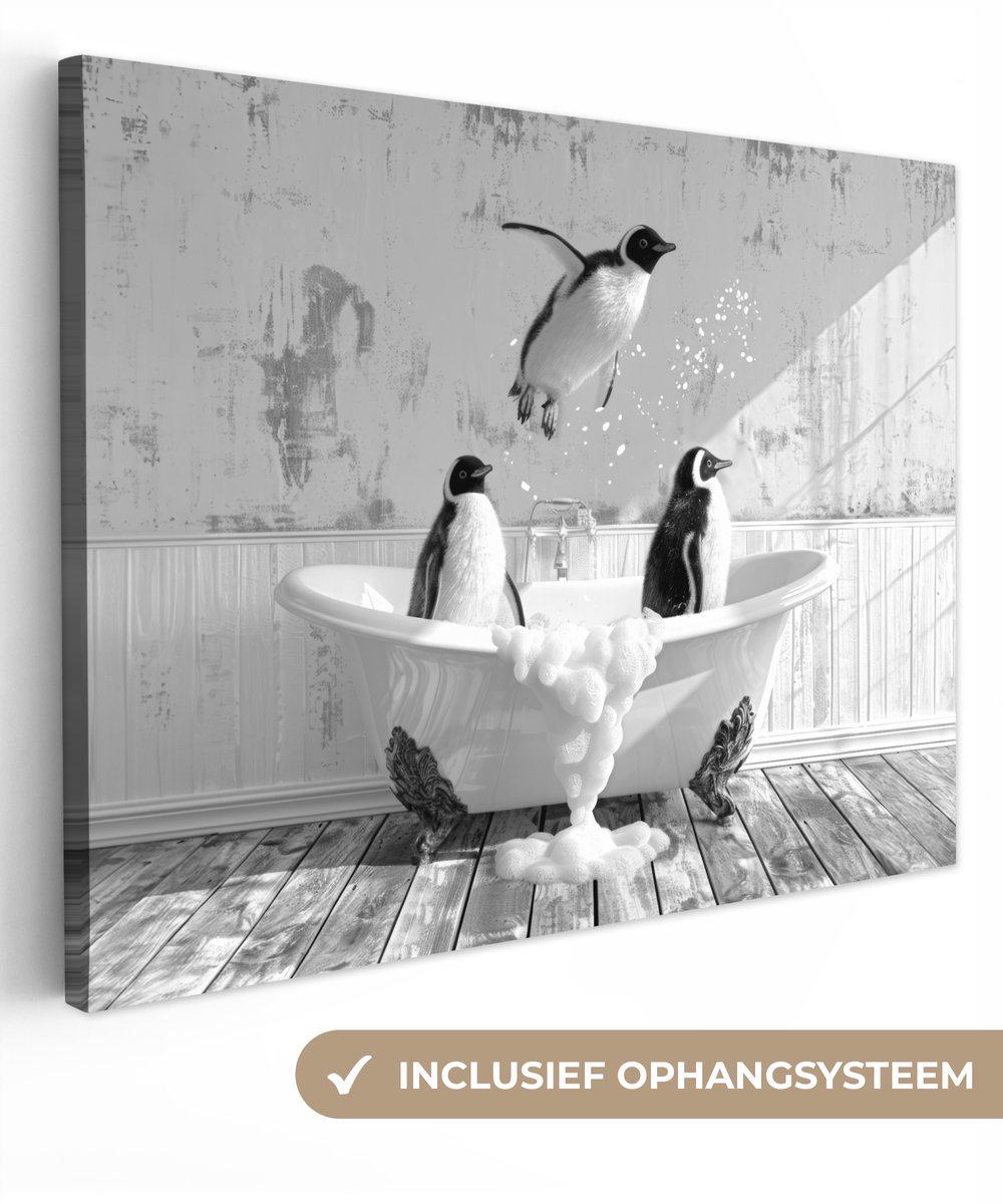 Canvas schilderij 160x120 cm - Wanddecoratie badkamer Pinguïns - Vintage - Dieren - Zwart