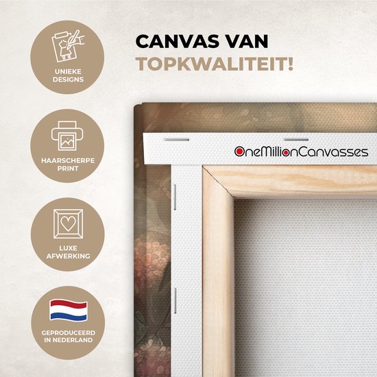 Tableau sur toile Paon - Vogel - Fleurs - Plantes - Plumes de Paon - 80x60 cm - Décoration murale